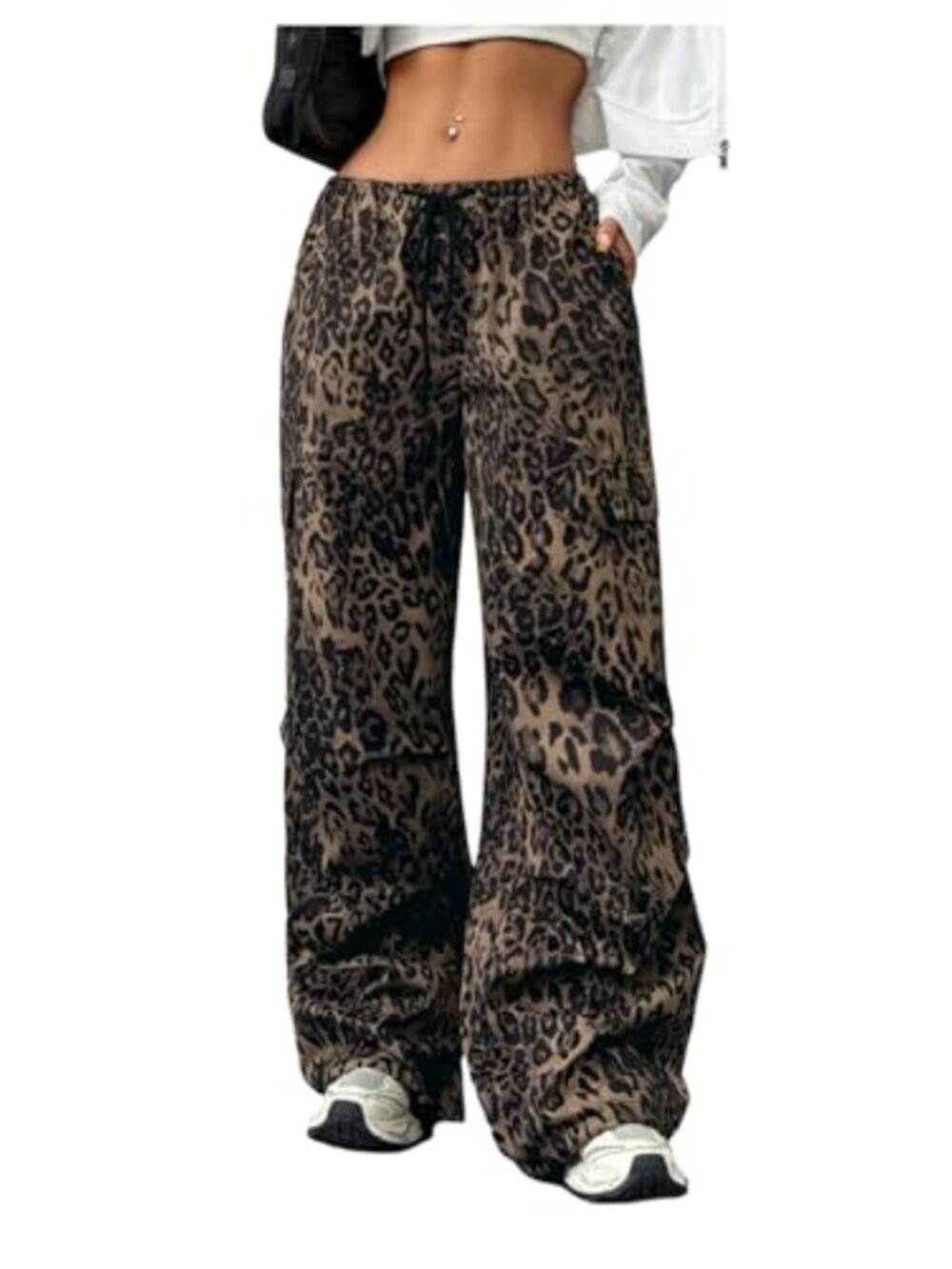 Leopard Cargo Pants Drawstring Low Rise Baggy Straight Leg Streetwear